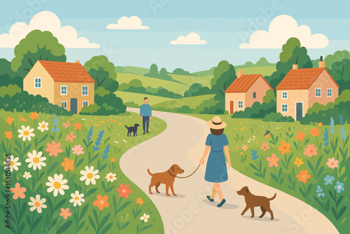 Dog walkers enjoy a sunny day in a blooming countryside with charming houses and vibrant flowers