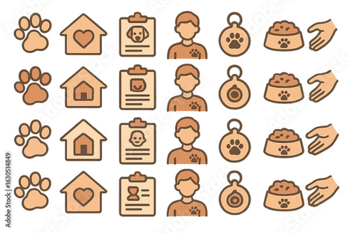 Icons representing pet care, services, and activities for animal lovers and pet owners in a digital format