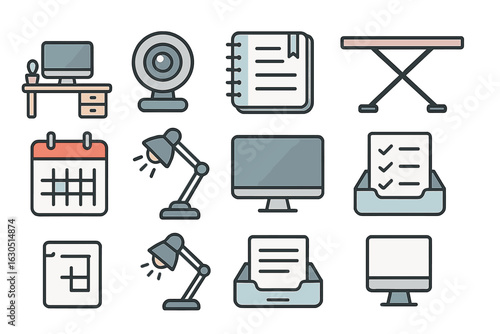 Workspace elements including computer, lamp, and calendar arranged for productivity and organization