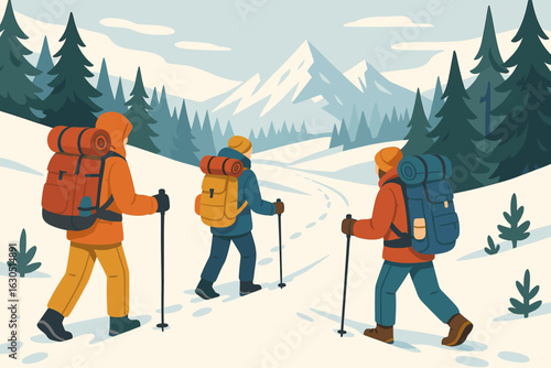 Hikers trek through a snowy landscape in winter, enjoying the wilderness and fresh mountain air during their adventure