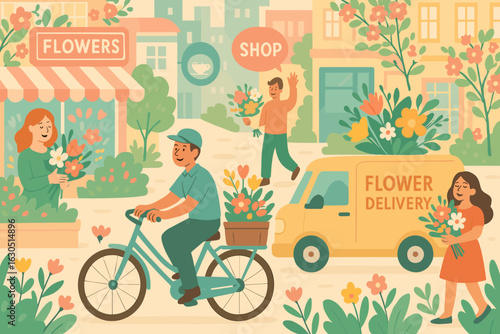 Vibrant flower delivery scene in a cheerful urban neighborhood filled with blossoming plants and happy people