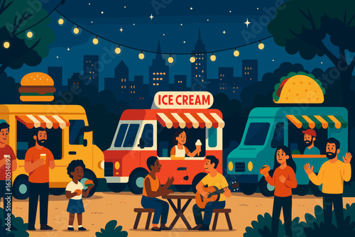 Food truck festival at night with music and laughter in a city park setting