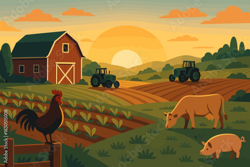 Sunrise over a vibrant farm with livestock and tractors working in the fields