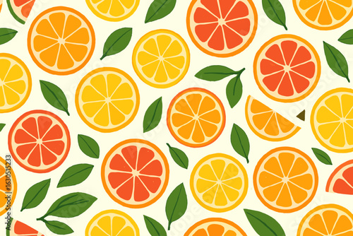 Colorful citrus fruit pattern featuring oranges, lemons, and grapefruits with green leaves on a cream background showcasing summer freshness