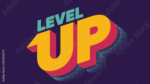 A level up graphic design with retro typography and vibrant colors for gaming