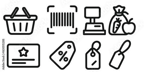 Various grocery shopping icons depicting basket, scanner, scale, items, labels, and price tags for shopping-related activities