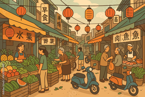 Vibrant market scene with vendors and shoppers interacting in a lively street setting during the daytime