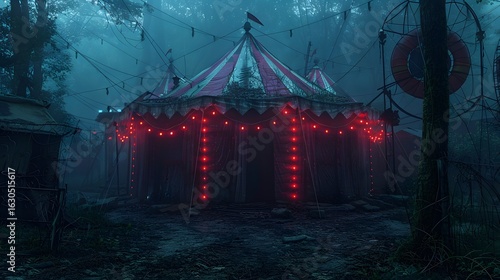 Eerie Circus Tent Red Lights Foggy Forest Night