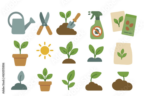 Gardening tools and elements arranged in a pattern showing planting activities and plant care essentials in a colorful design