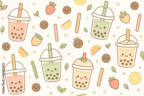 Colorful bubble tea pattern with cute illustrations of drinks, fruits, and smiling faces in a playful design