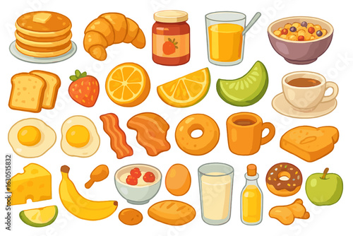 Colorful assortment of breakfast foods including pancakes, fruits, and beverages arranged on a table