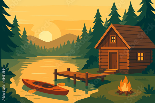Serene sunset by a rustic cabin with a kayak and campfire on a peaceful lake