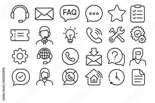 Collection of simple line icons representing customer service, support tools, and communication methods in a minimalist style