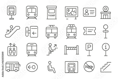 Symbols representing urban transportation and wayfinding in a transit system at various locations