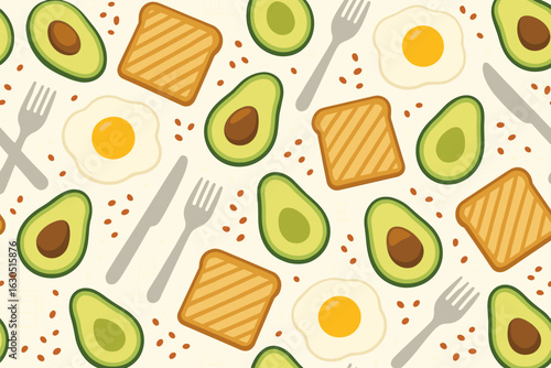 Colorful brunch pattern featuring avocado toast, fried eggs, and cutlery arranged in a playful design