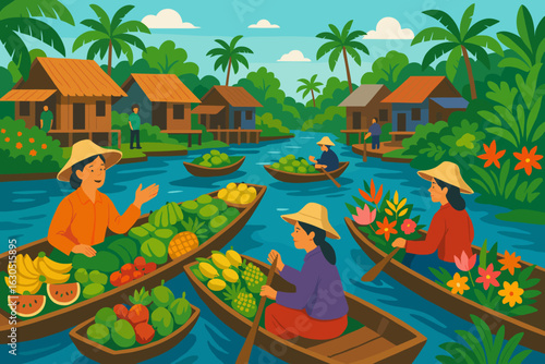 Vibrant market experience on a river with boats filled with fresh fruits and local vendors
