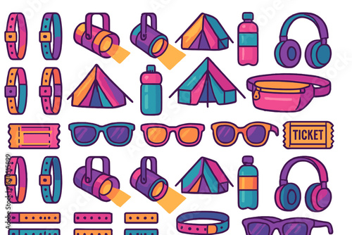 Colorful camp gear collection including tents, sunglasses, and water bottles in a vibrant design