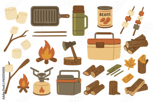 Camping essentials featuring cooking tools, firewood, and marshmallows for an outdoor adventure