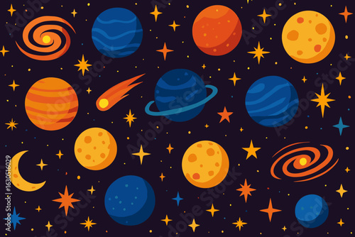 Colorful cosmic illustration featuring various celestial bodies and elements in a starry background