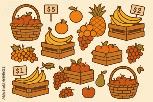 Colorful fruit market display showcasing fresh produce with price signs for each item