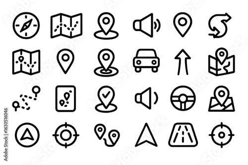 Collection of navigation and mapping icons for digital applications and user interfaces displayed in a grid layout