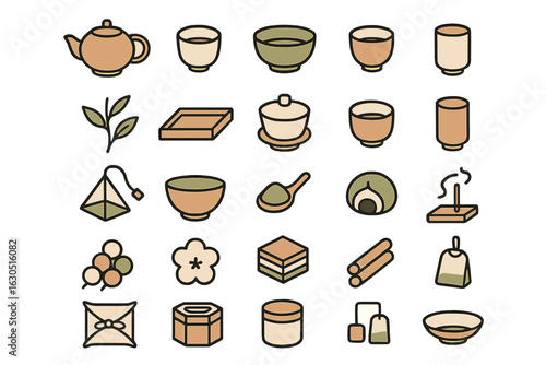Collection of various tea-related items displayed in a minimalist style for use in design projects, featuring teapots, cups, and accessories