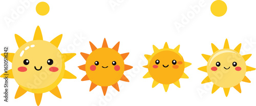 Four adorable cartoon sun characters with happy faces and rosy cheeks in a row on a white background