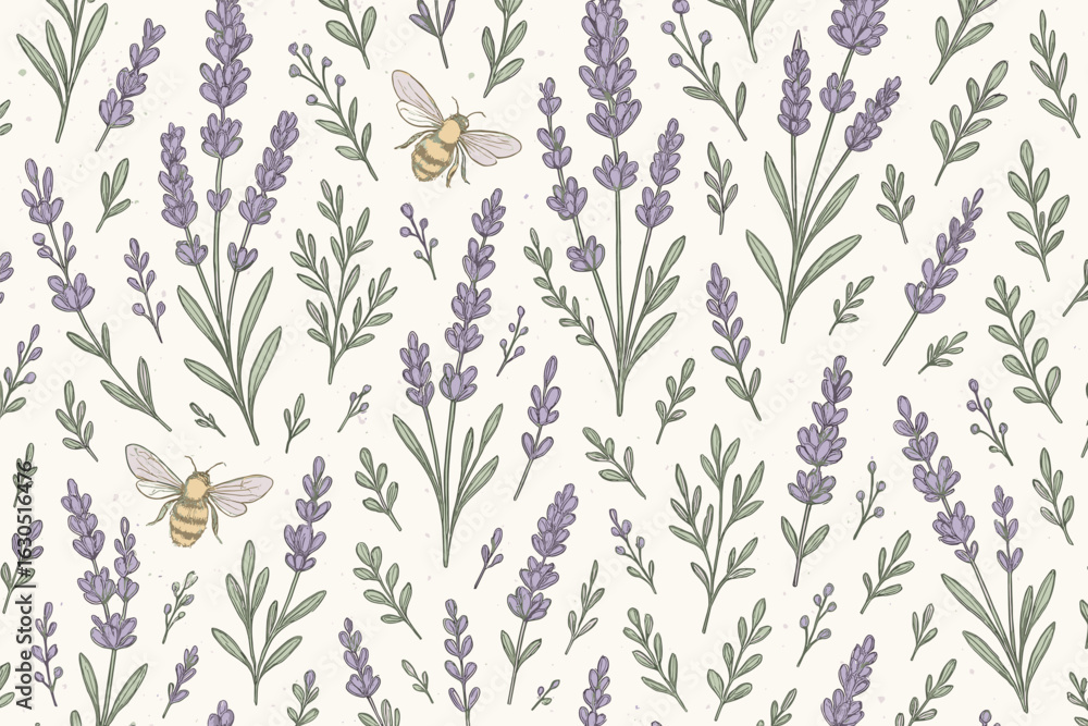 Fototapeta premium Seamless Hand-Drawn Lavender and Bee Pattern with Green Leaves on Soft Cream Background in Botanical Vintage Style