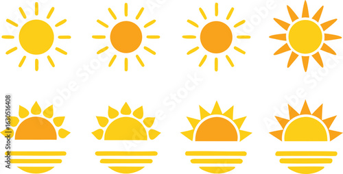Collection of stylized sun icons showing different phases of daylight and sunset with reflections