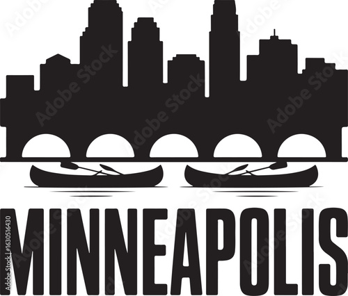 Minneapolis Skyline Silhouette with Bridge and Canoes