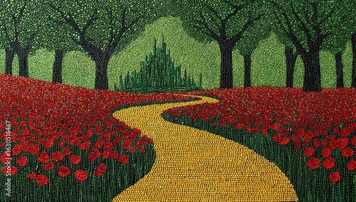 Yellow brick road through red poppy field, emerald city in distance