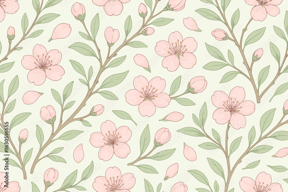 Fototapeta Elegant Seamless Pattern of Hand-Drawn Pink Cherry Blossoms and Green Leaves on Light Background