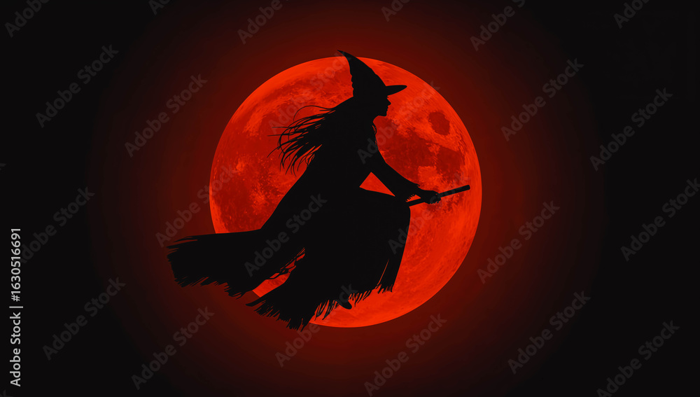 Fototapeta premium Witch Flying on Broomstick Against Red Moon
