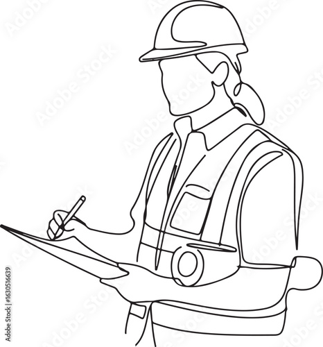 Continuous Line Drawing of a Female Construction Worker with Clipboard