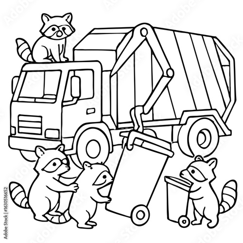 Coloring page of a garbage truck collecting bins with helpful raccoons assisting – simple outline