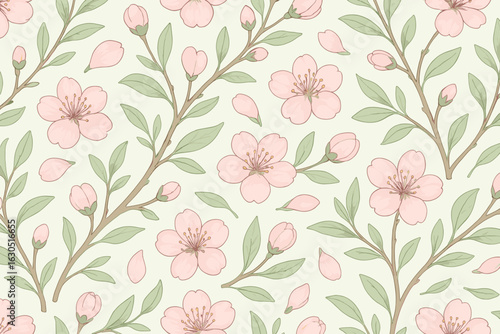 Elegant Seamless Pattern of Hand-Drawn Pink Cherry Blossoms and Green Leaves on Light Background