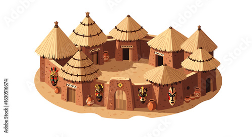 Circular arrangement of traditional African huts, showcasing a communal village structure.