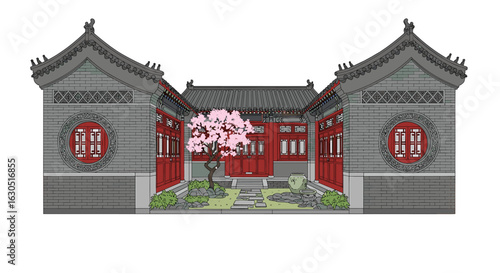 Traditional Chinese courtyard house with red doors, grey walls, and a blossoming pink tree in a small garden.