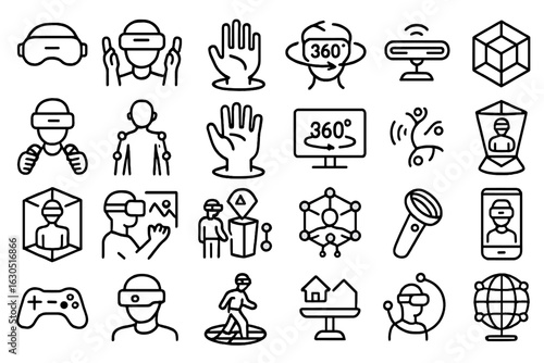 Black line icon set of virtual reality, augmented reality, 360 interaction, hand tracking, and immersive technology on dark gradient background