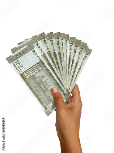 Cuadro en lienzo Hand holding multiple 500 rupee indian currency notes fanned out isolated on transparent background