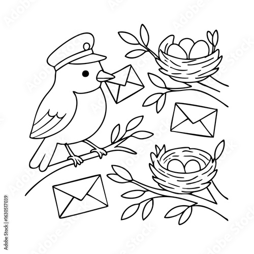 Coloring page of a robin wearing a postman hat delivering letters to nests – simple outline