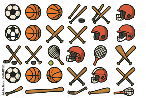 Variety of sports equipment illustrations showcasing different balls, bats, and protective gear for various games