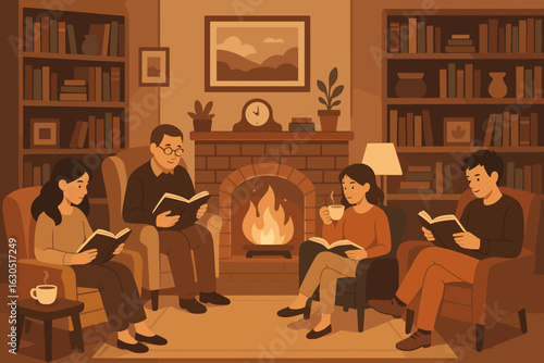 Cozy reading session by the fireplace with family in a warm living room atmosphere