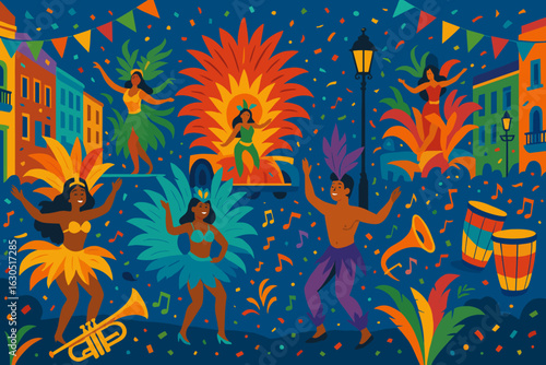Vibrant carnival celebration in a colorful urban setting with dancers and musicians at night
