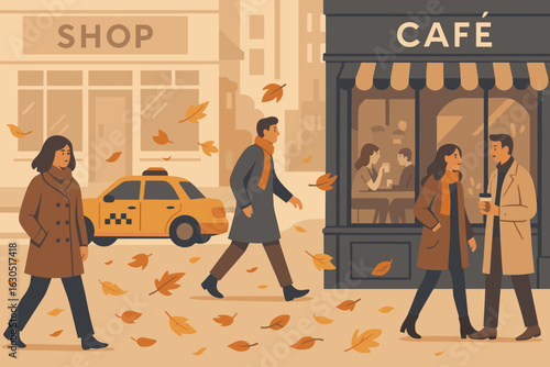 Busy city street during autumn with people enjoying the day by a cafe