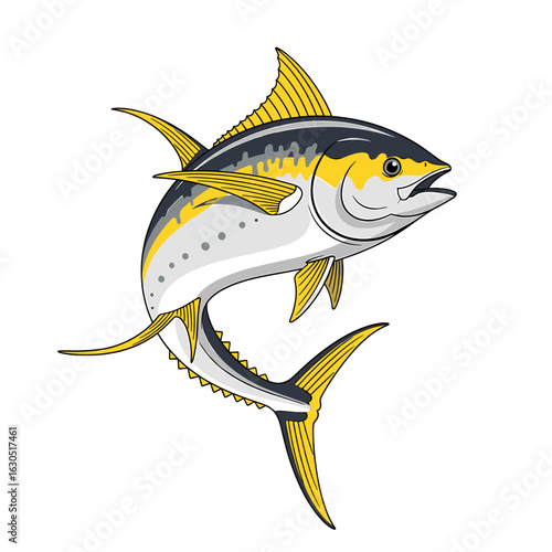 A vibrant illustration of a yellowfin tuna fish, depicted jumping with detail.