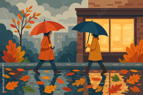 Two people walk in the rain under colorful umbrellas on a rainy autumn day in the city with fallen leaves