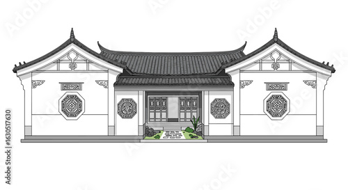 Illustration of a traditional Chinese building facade with a dark tiled roof, white walls, and decorative windows.