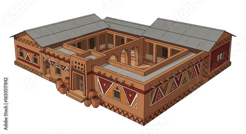 Architectural illustration of a detailed, colorful, ancient building, featuring open courtyards and decorative elements.