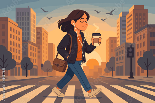 Young woman enjoying a coffee while walking in the city at sunset, wearing headphones and casual clothing